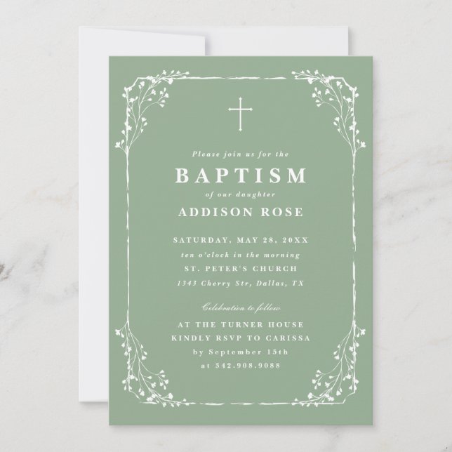 Invitation Classic Sage Green Dainty Floral Frame Baptism (Devant)