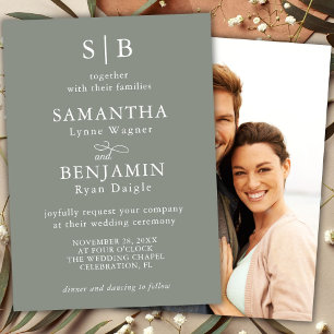 Invitation Classic Sage Green Monogramme Mariage photo