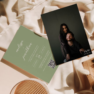 Invitation Classic Sage Green Photo Monogram QR Code Wedding