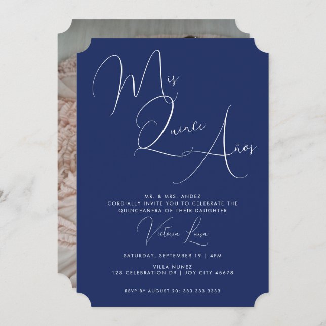 Invitation Classic Script Royal Blue Anniversaire quinceañera (Devant / Derrière)