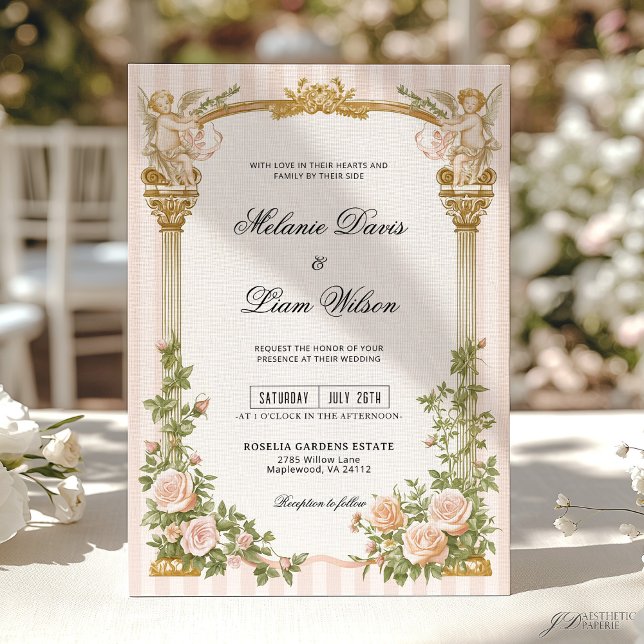 Invitation Classic Stripe & Blush Pink Floral Cherub Wedding (Créateur téléchargé)