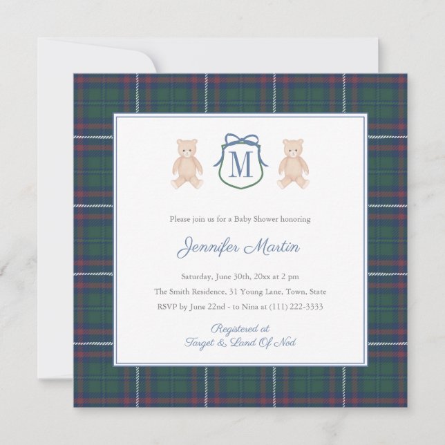 Invitation Classic Tartan Teddy Bear Winter Baby Boy Shower (Devant)
