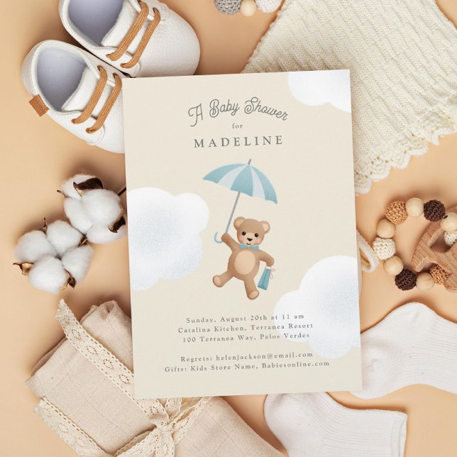 Invitation Classic Teddy Bear Baby shower bleu beige (Créateur téléchargé)