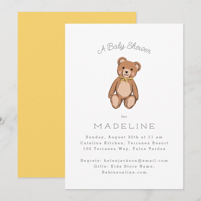 Invitation Classic Teddy Bear Baby shower Jaune (Devant / Derrière)