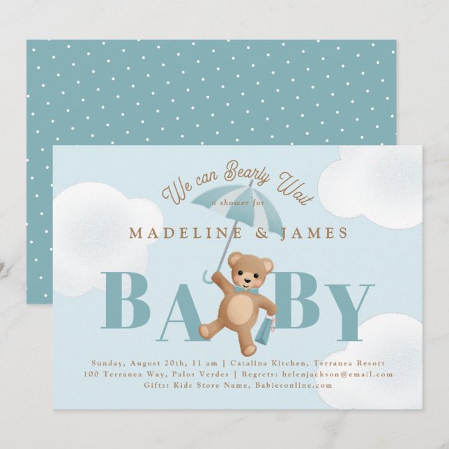 Invitation Classic Teddy Bear Bleu Bearly Wait Baby shower (Devant / Derrière)