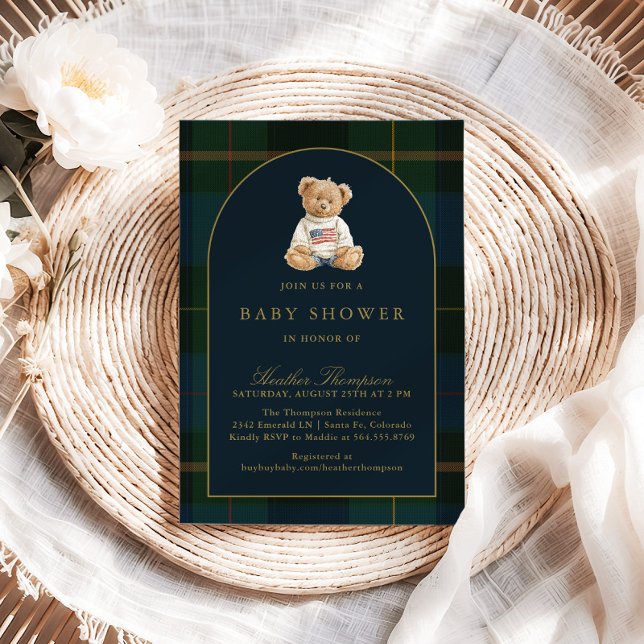 Invitation Classic Teddy Bear Green & Blue Plaid Baby Shower (Créateur téléchargé)