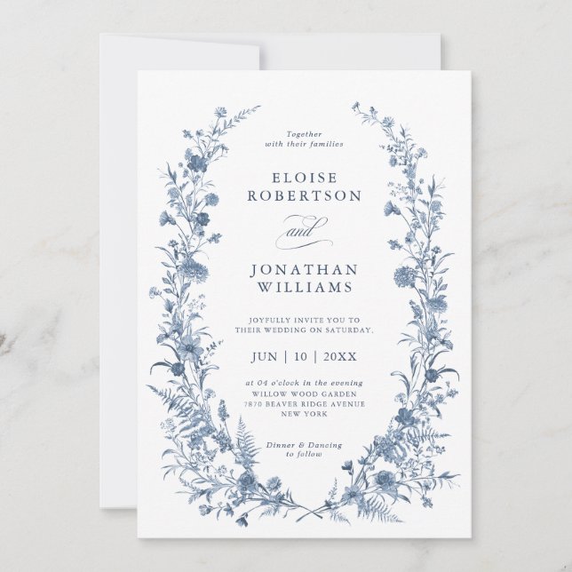 Invitation Classic Victorian Blue French Garden Chic Wedding (Devant)