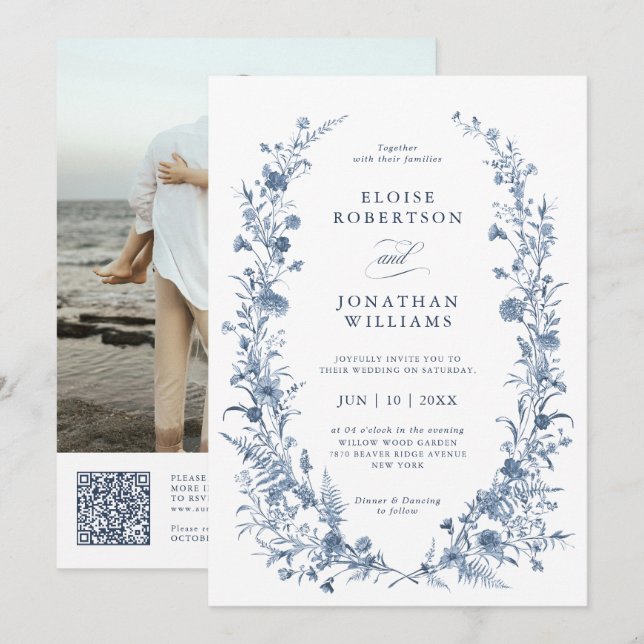 Invitation Classic Victorian Blue French QR Code Wedding (Devant / Derrière)