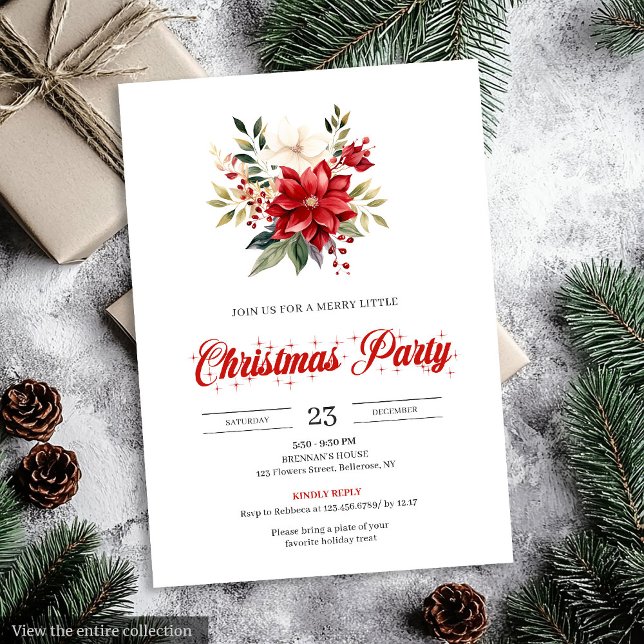 Invitation Classic Watercolor Christmas Flowers Printable  (Classic Watercolor Christmas Flowers Printable Invitation)