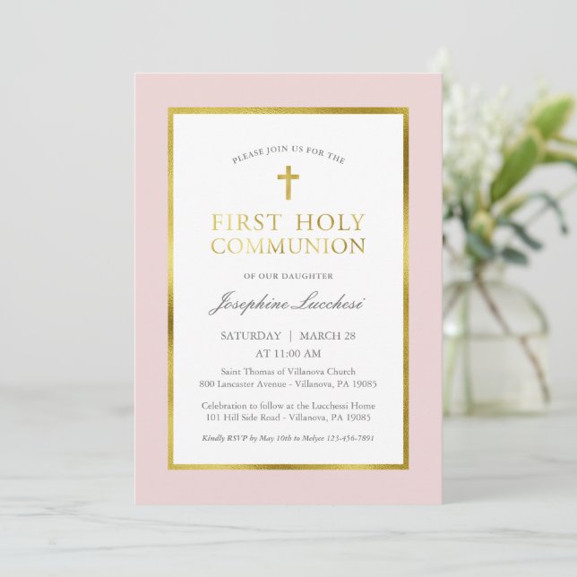 Invitation classique à la communion rose et or (Debout devant)