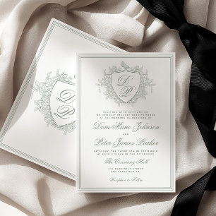 Invitation Classique blason monogramme vert sauge mariage vin