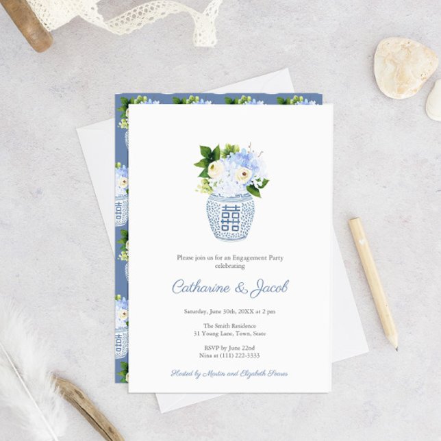Invitation Classique bleu blanc pot de gingembre pour mariage (Créateur téléchargé)