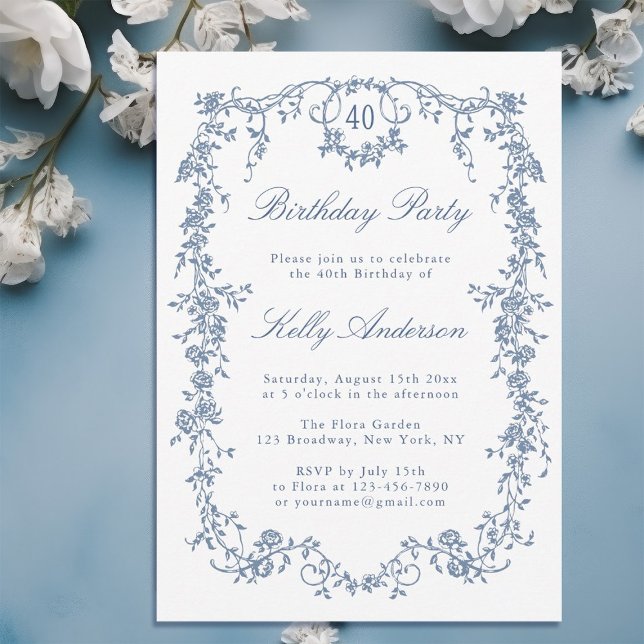 Invitation Classique Bleu Bleu Floral 40e fête d'anniversaire (Créateur téléchargé)