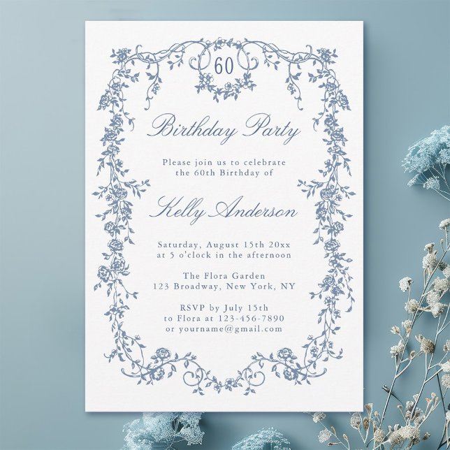 Invitation Classique Bleu Bleu Floral 60e fête d'anniversaire (Créateur téléchargé)
