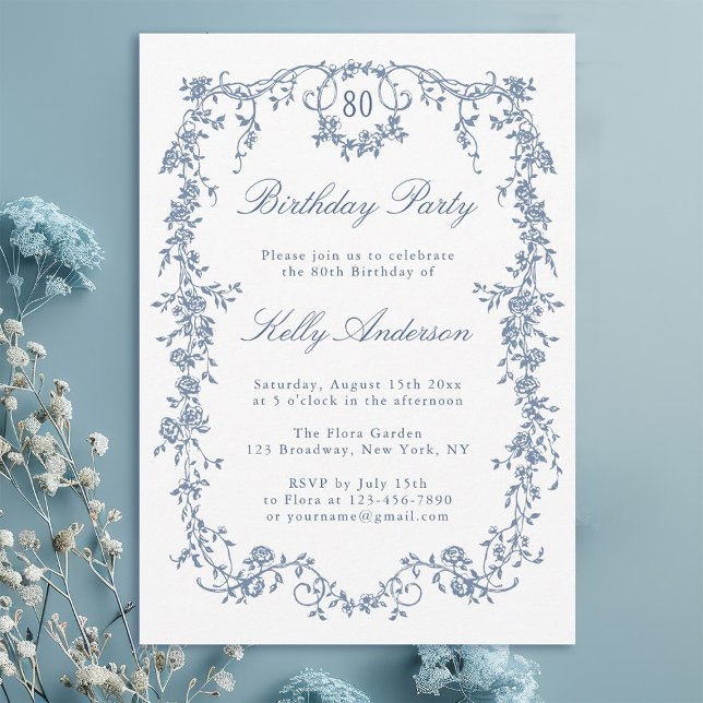 Invitation Classique bleu bleu floral 80e fête d'anniversaire (Créateur téléchargé)