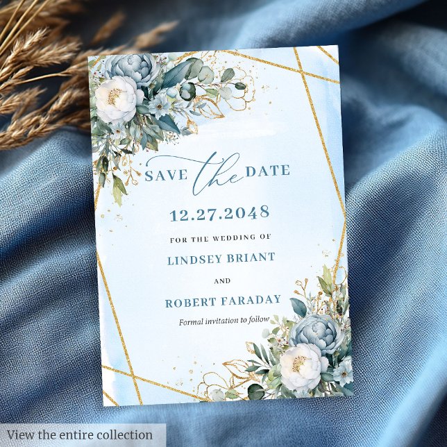 Invitation Classique Bleu Poussiéreux Blanc Or Floral Save Th (Classic Dusty Blue White Gold Flowers Save The Date)