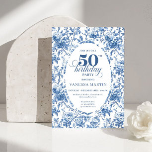 Invitation Classique Bleu Toile de Jouy Floral 50e Anniversai