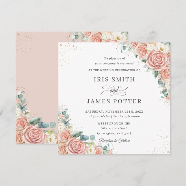 Invitation Classique Blush Peach Ivory Floral Mariage Carré  (Devant / Derrière)