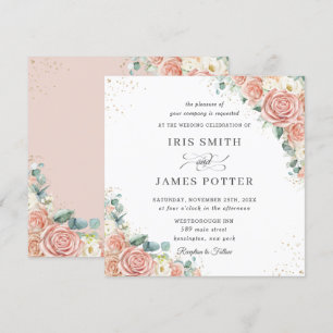 Invitation Classique Blush Peach Ivory Floral Mariage Carré 