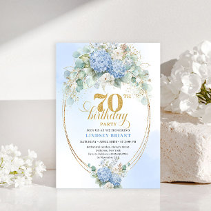 Invitation Classique Boho 70e Anniversaire Bleu Floral Eucaly