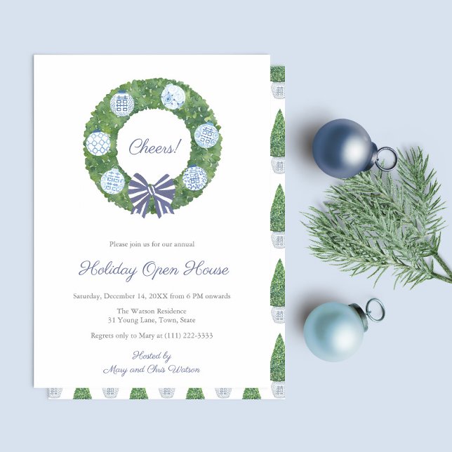 Invitation Classique Boxwood Bleu Blanc Noël Fête de Noël (Cheers! Blue And White Chinoiserie Baubles on simple greenery wreath with blue and white bow)