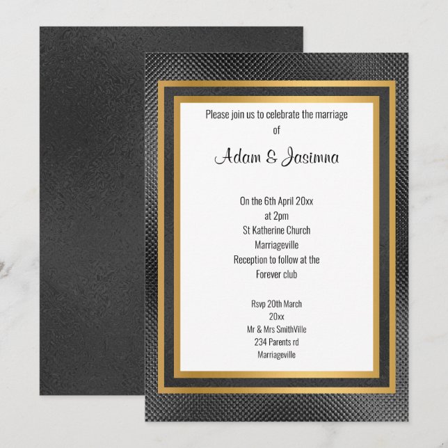 INVITATION CLASSIQUE COUCHE D'OR NOIR EMBOSSÉ MARIAGE (Devant / Derrière)