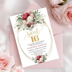Invitation Classique de 16 ans Fleurie Or Blanc Bo