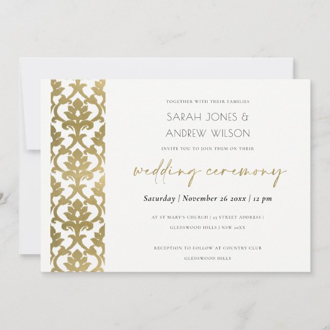INVITATION CLASSIQUE DOMMASQUE D'OR MARIAGE DE MOTIFS FLORAUX (Devant)