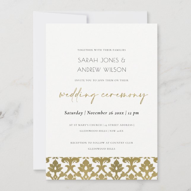 INVITATION CLASSIQUE DOMMASQUE D'OR MARIAGE DE MOTIFS FLORAUX (Devant)