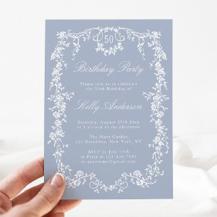 Invitation Classique Dusty Blue Floral 50e fête d'anniversair