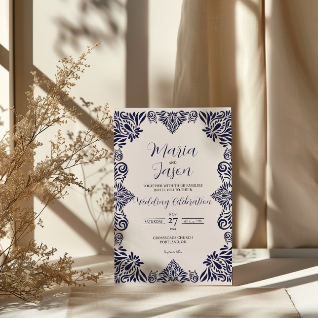 Invitation Classique Floral Bleu de la Marine Mexicaine Maria (Mexican Navy Blue Floral Classic Elegant Wedding Invitation)