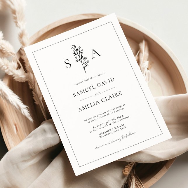 Invitation Classique Floral Noir Et Blanc Mariage moderne (Créateur téléchargé)