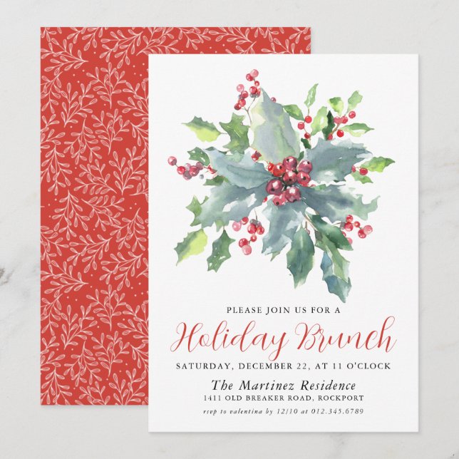 Invitation Classique Holly Berry verdure Brunch de vacances (Devant / Derrière)