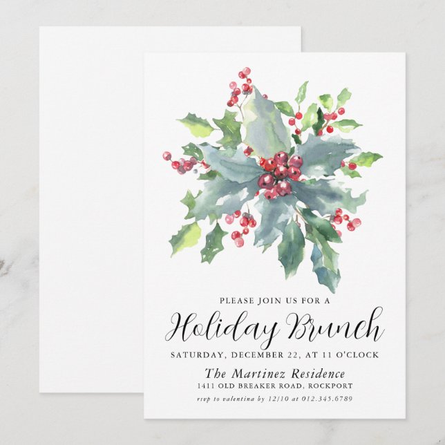 Invitation Classique Holly Berry verdure Brunch de vacances (Devant / Derrière)
