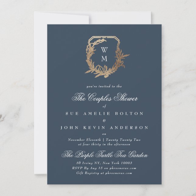 Invitation classique marine or motif monogramme couples douch (Devant)