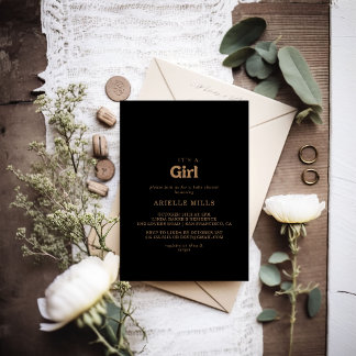 Invitation Classique minimal Or Noir C'est Une Fille Baby Sho