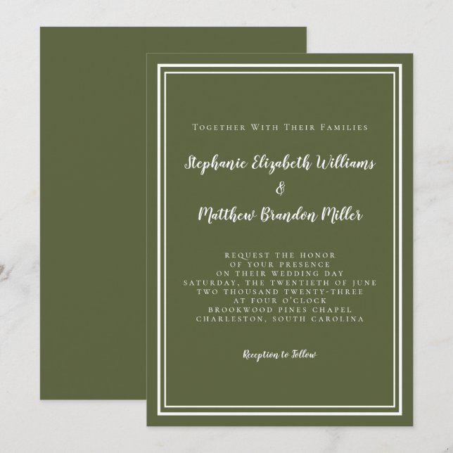 Invitation Classique Moderne Simple Olive Green Mariage éléga (Devant / Derrière)