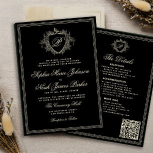 Invitation Classique noir ivoire QR monogramme mariage formel