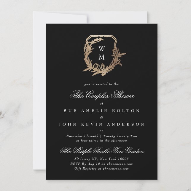 Invitation classique noir motif monogramme couples douche (Devant)