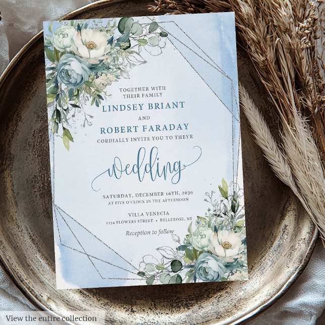 Invitation Classique Pastel Bleu Blanc Argent Rose Mariage (Classic Pastel Blue White Silver Roses Wedding Invitation)