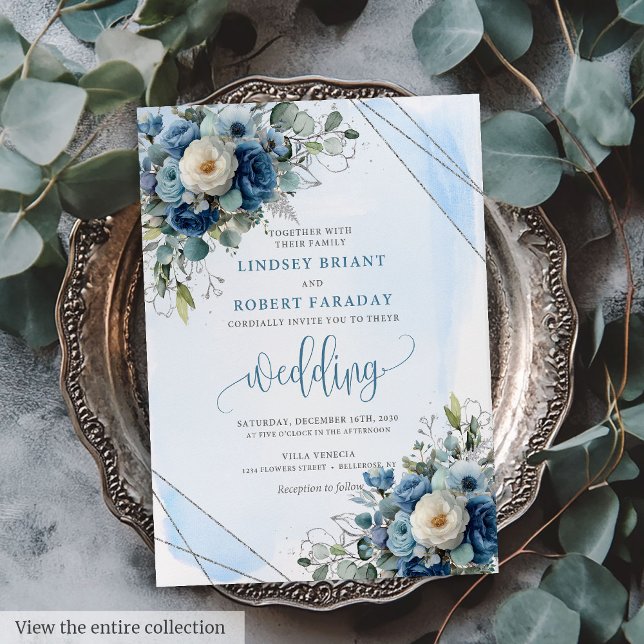 Invitation Classique Rose d'argent bleu foncé (Classic Dark Blue Silver Roses Wedding Invitation)