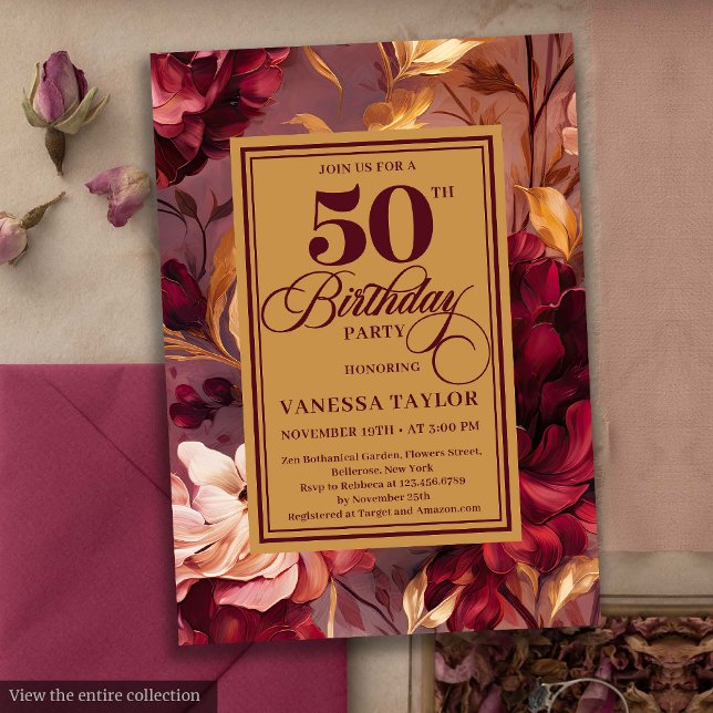 Invitation Classique rouge vif rouge floral 50e anniversaire (Classic deep red blush gold floral 50th birthday invite

)
