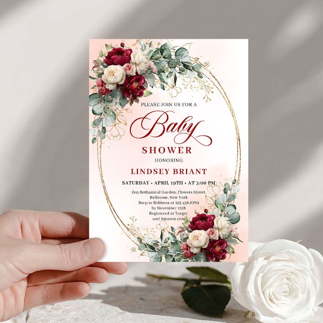 Invitation classique rustique de baby shower aux f (Classic Rustic Deep Red Floral Baby Shower Invite)