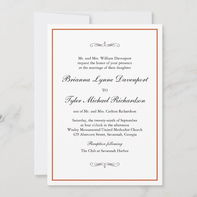Invitation Classique Simple Élégance Brûlé Mariage orange (Devant)
