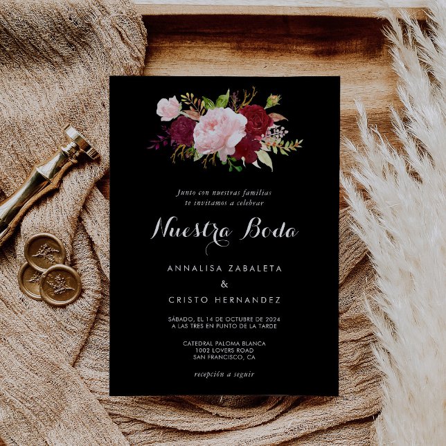 Invitation Classique Tropical Noir Bourgogne Mariage espagnol (Créateur téléchargé)