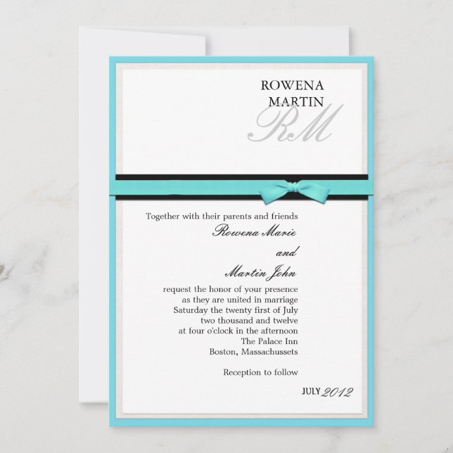 Invitation classique Turquoise et Noir Monogram (Devant)