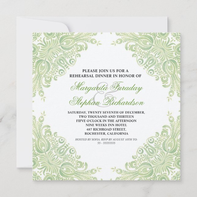 Invitation classique vert clair damask répétition dîner invit (Devant)