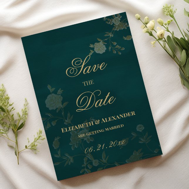 Invitation Classique vert foncé bleu or floral Enregistrer la (Classic dark green blush gold floral Save the Date )