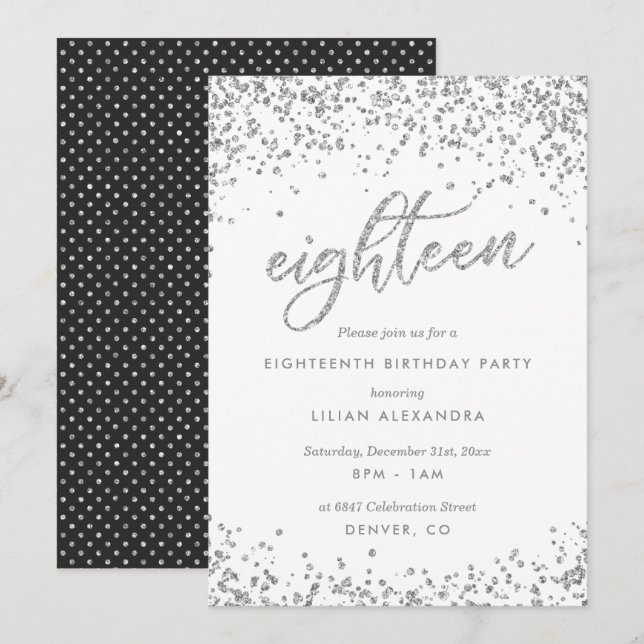 Invitation Classy 18th Birthday Invitation, Sparkly Confetti (Devant / Derrière)