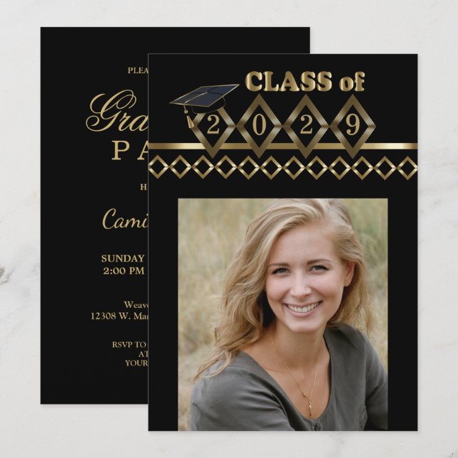 Invitation Classy Black and Gold Photo Graduation (Devant / Derrière)